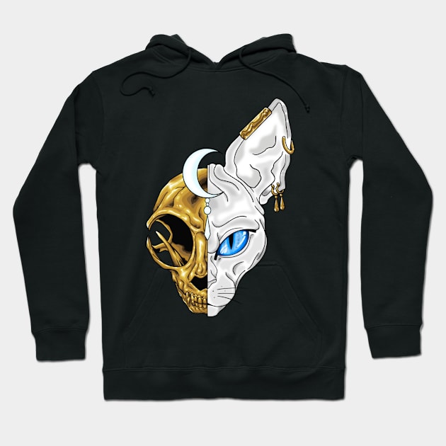 White sphinx cat with exposed golden skull Hoodie by NicsPics